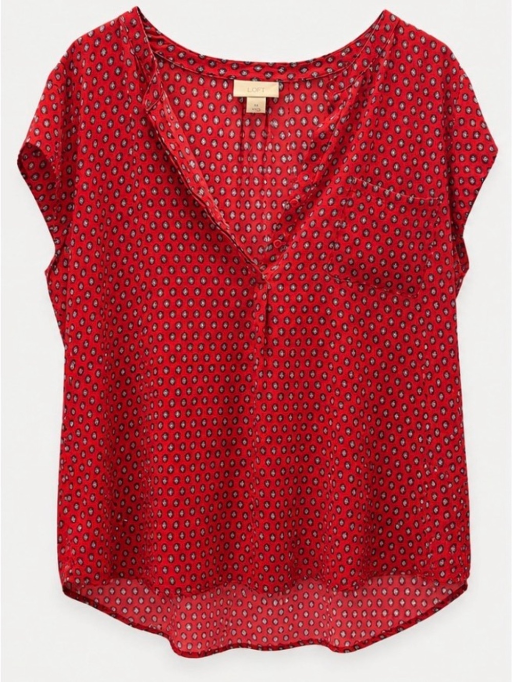 Liz Claiborne Red Geometric V-Neck Cap Sleeve Blouse
